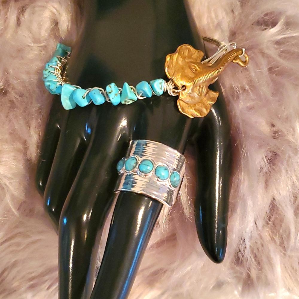 Handmade Elephant Silver/Turquoise Bracelet and Lia Sophia Silver/Turquoise Ring